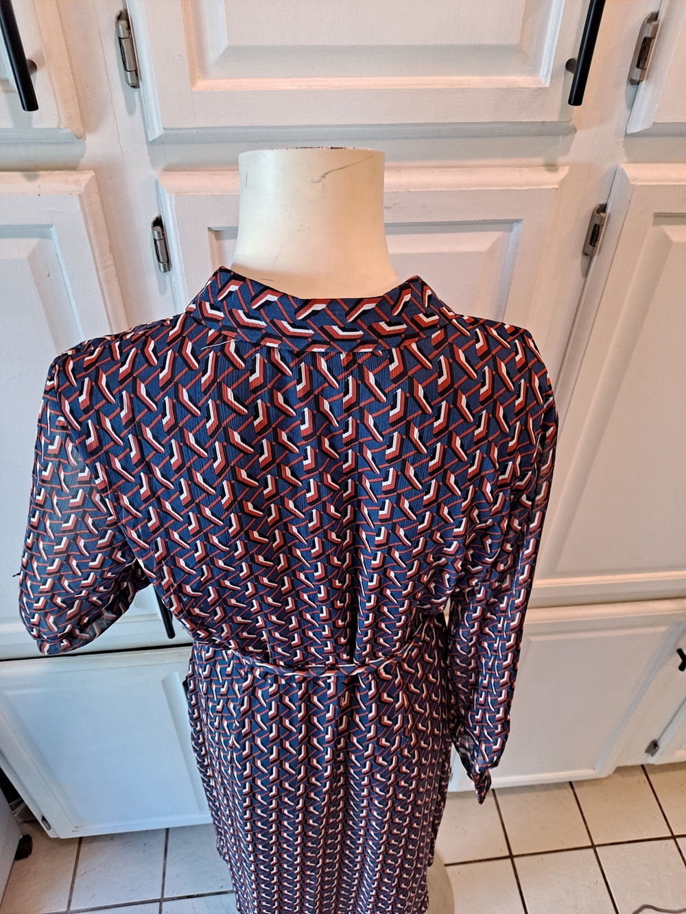 DR2 Navy Black White Orange Geometric Printed Midi Shirt Dress Tie Waist Lined - Picture 8 of 12